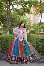 Aarohi Cotton Printed Mirror Work Lehenga with Kutchi Gamthi Embroidered Blouse