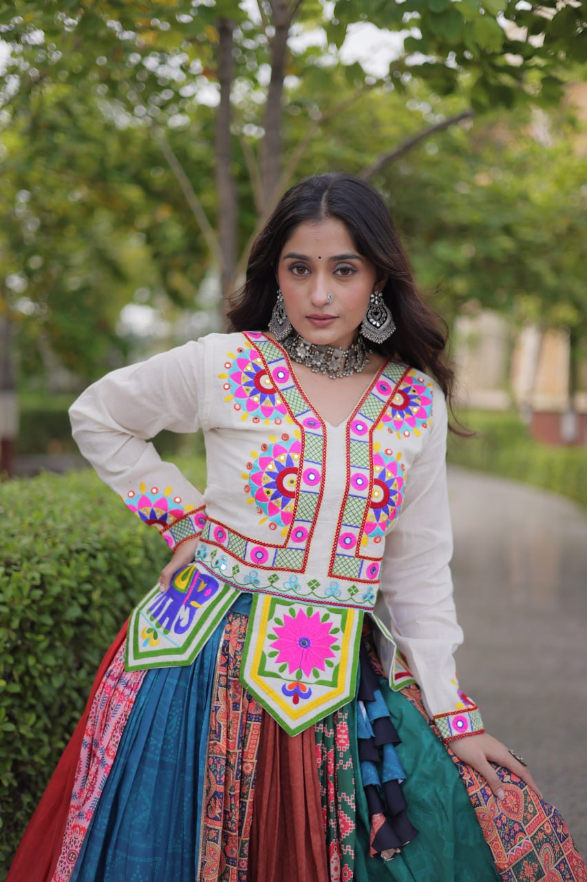 Aarohi Cotton Printed Mirror Work Lehenga with Kutchi Gamthi Embroidered Blouse