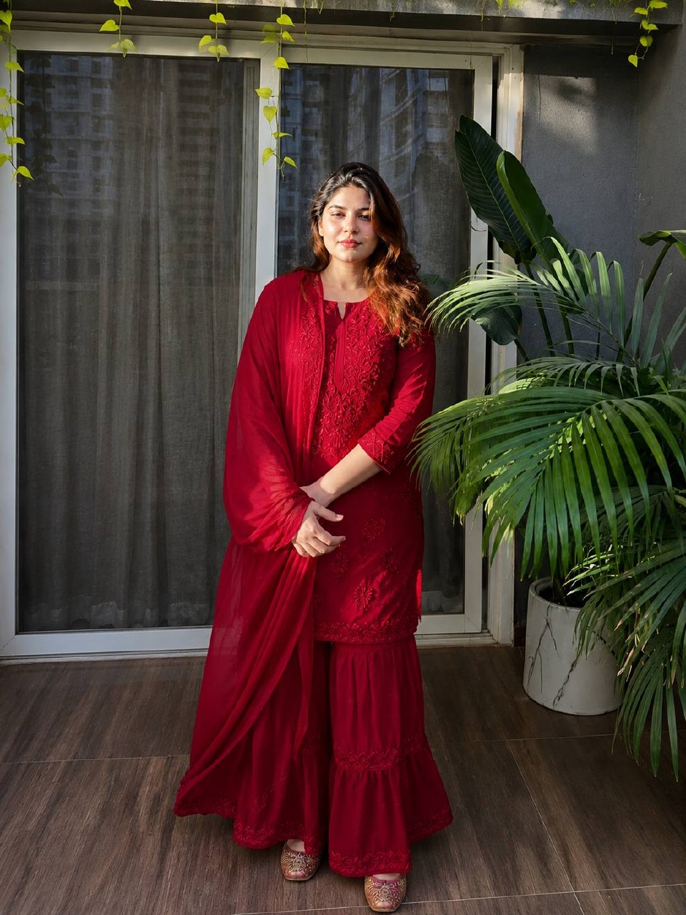 Vaishika Heavy Rayon Thread Embroidered Sharara Suit with Georgette Dupatta