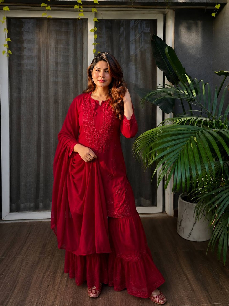 Vaishika Heavy Rayon Thread Embroidered Sharara Suit with Georgette Dupatta