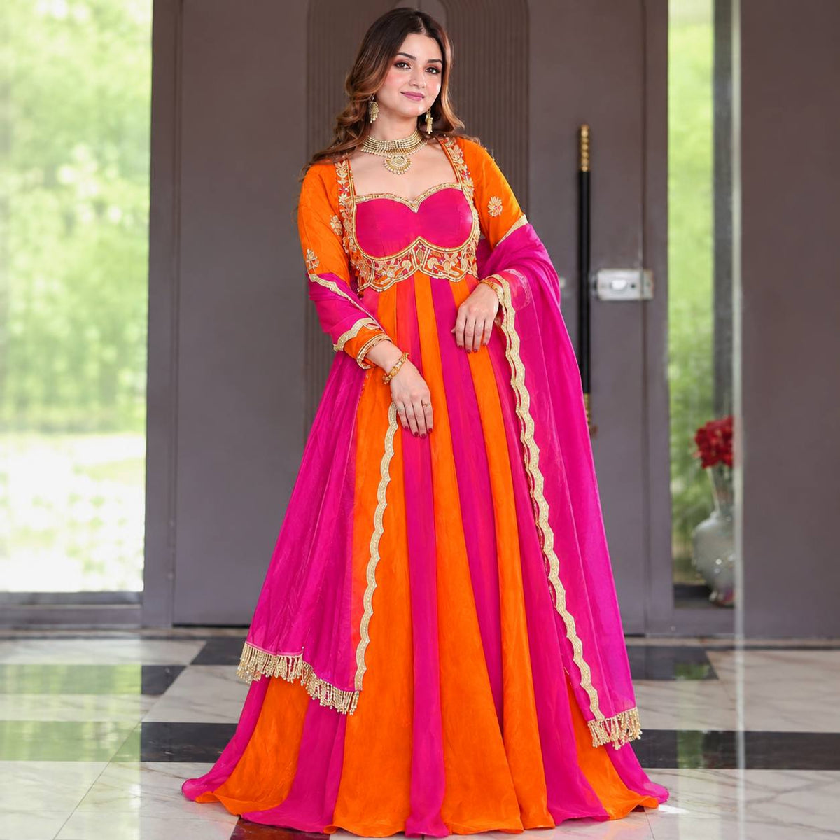 Virellia Designer Heavy Fandy Silk Anarkali Suit with 3mm Sequin & Embroidery Work Dupatta