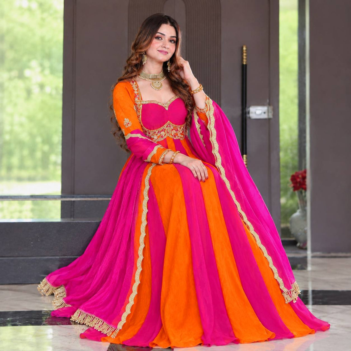 Virellia Designer Heavy Fandy Silk Anarkali Suit with 3mm Sequin & Embroidery Work Dupatta