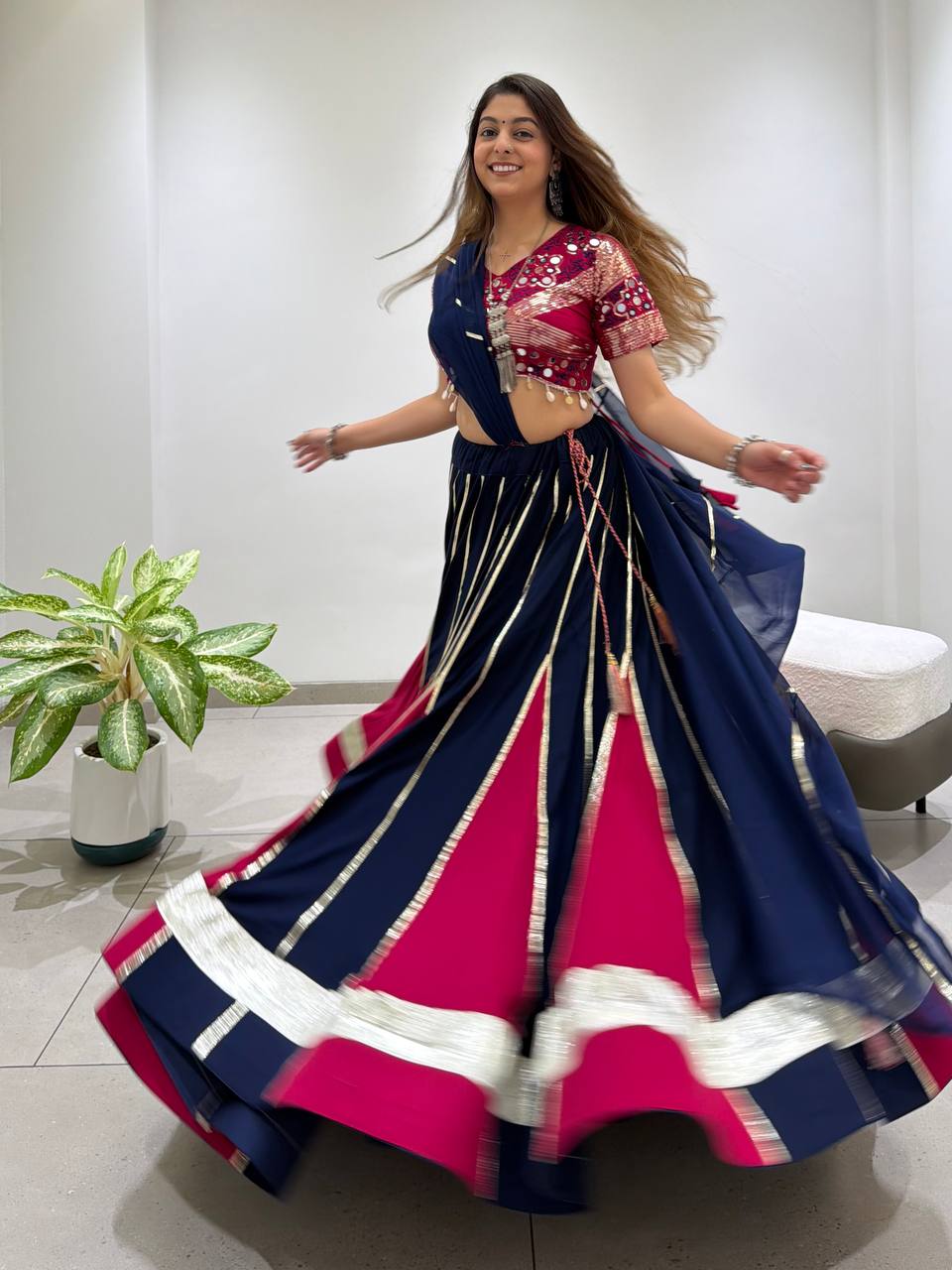 Designer Rayon Mirror Work Lehenga Choli with 6 Meter Flair and Gotta Patti Georgette Dupatta