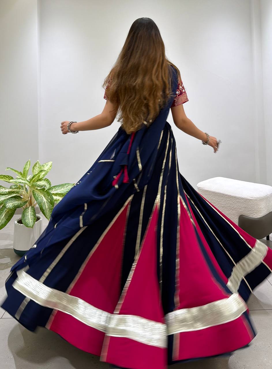 Designer Rayon Mirror Work Lehenga Choli with 6 Meter Flair and Gotta Patti Georgette Dupatta
