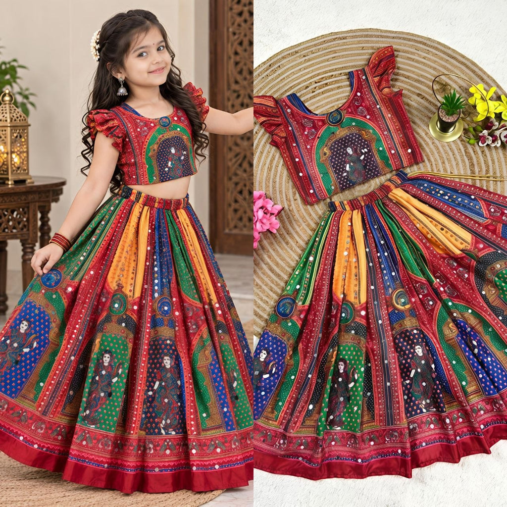 Navratri Designer Chinon Silk Lehenga Choli with Digital Print, Hand Mirror Work & Fancy Latkan Dori