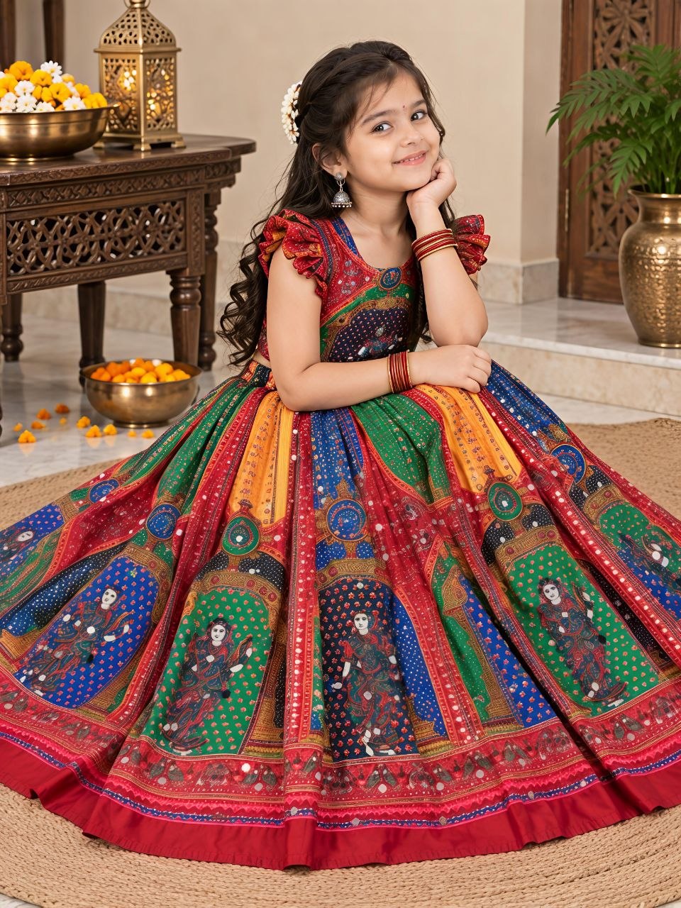 Navratri Designer Chinon Silk Lehenga Choli with Digital Print, Hand Mirror Work & Fancy Latkan Dori