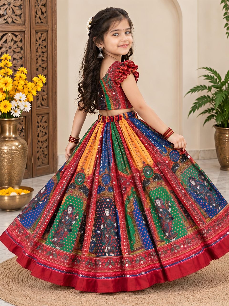 Navratri Designer Chinon Silk Lehenga Choli with Digital Print, Hand Mirror Work & Fancy Latkan Dori