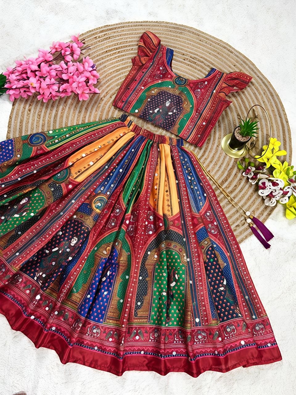 Navratri Designer Chinon Silk Lehenga Choli with Digital Print, Hand Mirror Work & Fancy Latkan Dori