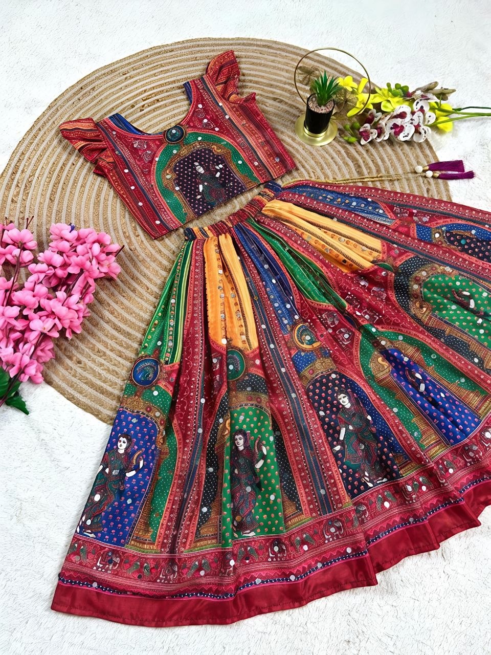 Navratri Designer Chinon Silk Lehenga Choli with Digital Print, Hand Mirror Work & Fancy Latkan Dori