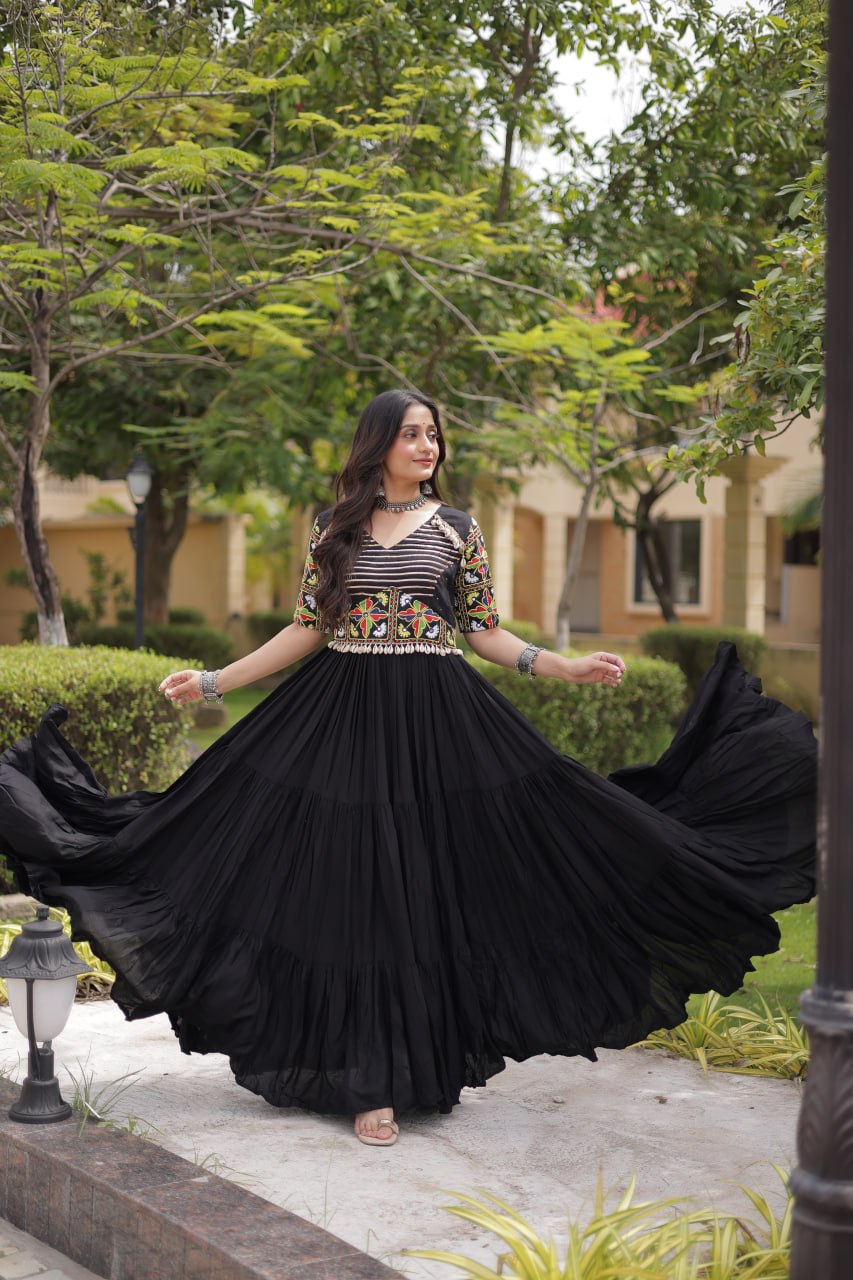 Ruhani Rust & Black Kutchi Gamthi Mirror Work 12-Metre Flair Navratri Gown