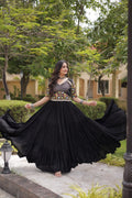 Ruhani Rust & Black Kutchi Gamthi Mirror Work 12-Metre Flair Navratri Gown