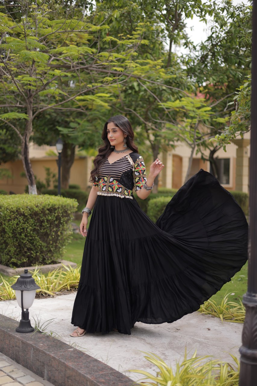 Ruhani Rust & Black Kutchi Gamthi Mirror Work 12-Metre Flair Navratri Gown