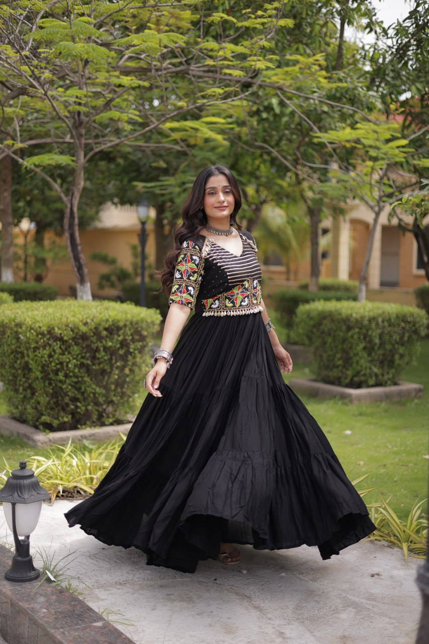 Ruhani Rust & Black Kutchi Gamthi Mirror Work 12-Metre Flair Navratri Gown