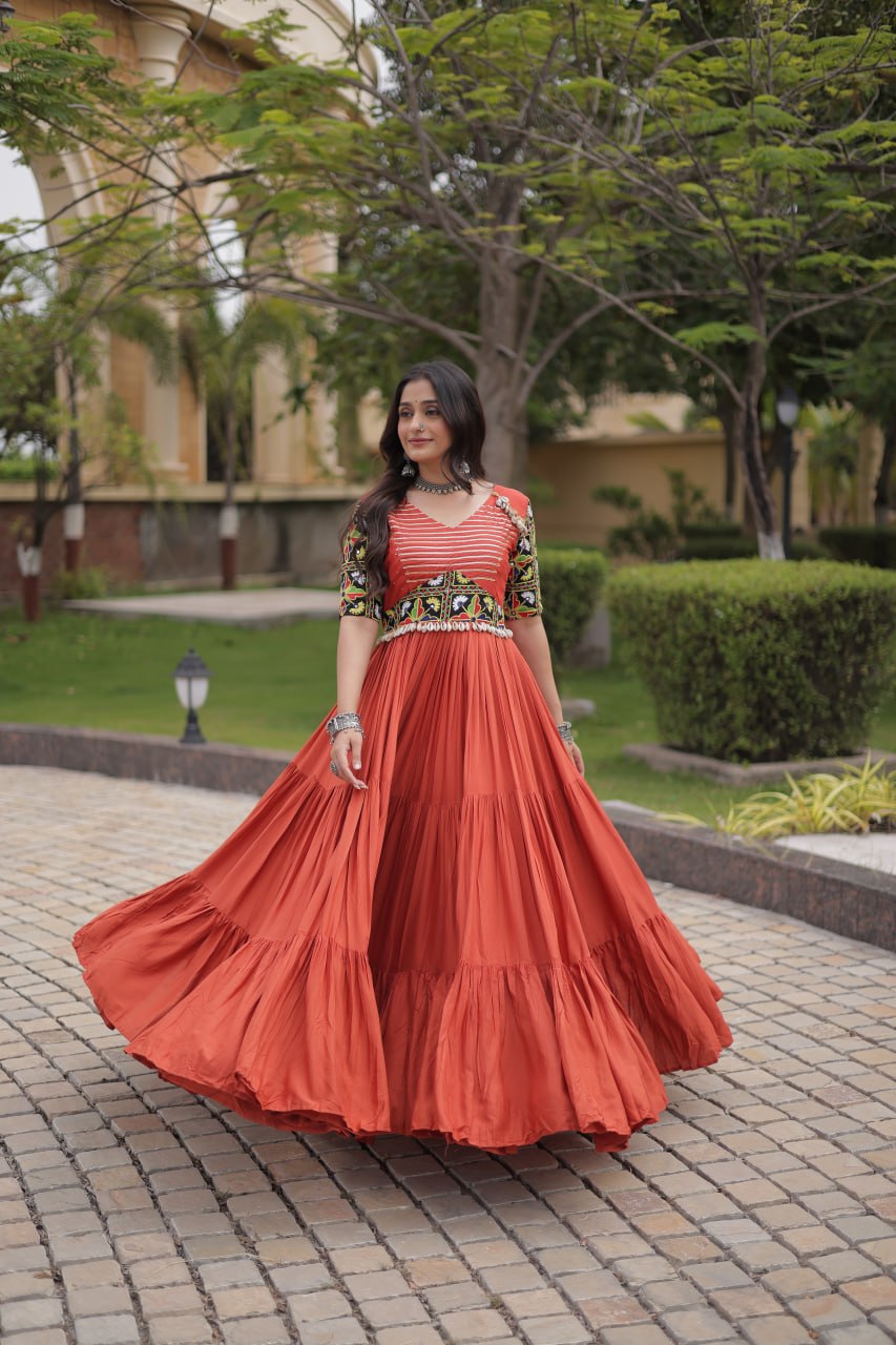 Ruhani Rust & Black Kutchi Gamthi Mirror Work 12-Metre Flair Navratri Gown