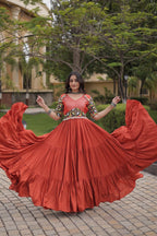 Ruhani Rust & Black Kutchi Gamthi Mirror Work 12-Metre Flair Navratri Gown