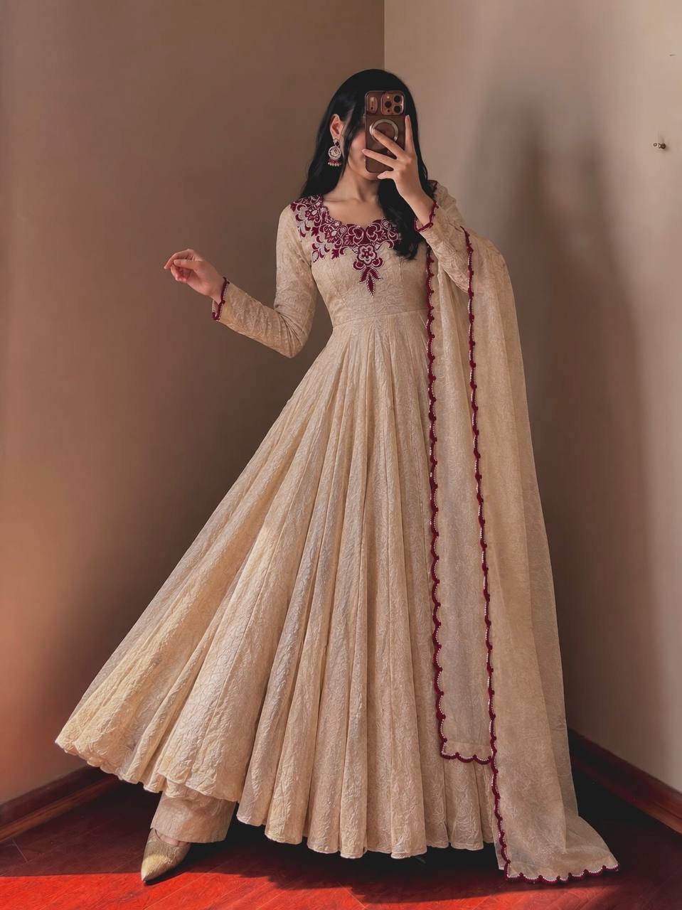 Ruhani Doremon Crush Designer Embroidery Thread Work Gown Set With 7 Meter Flair & Net Dupatta