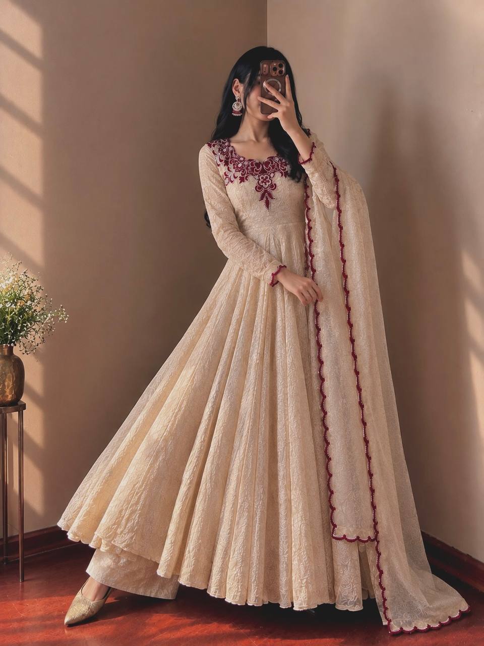 Ruhani Doremon Crush Designer Embroidery Thread Work Gown Set With 7 Meter Flair & Net Dupatta