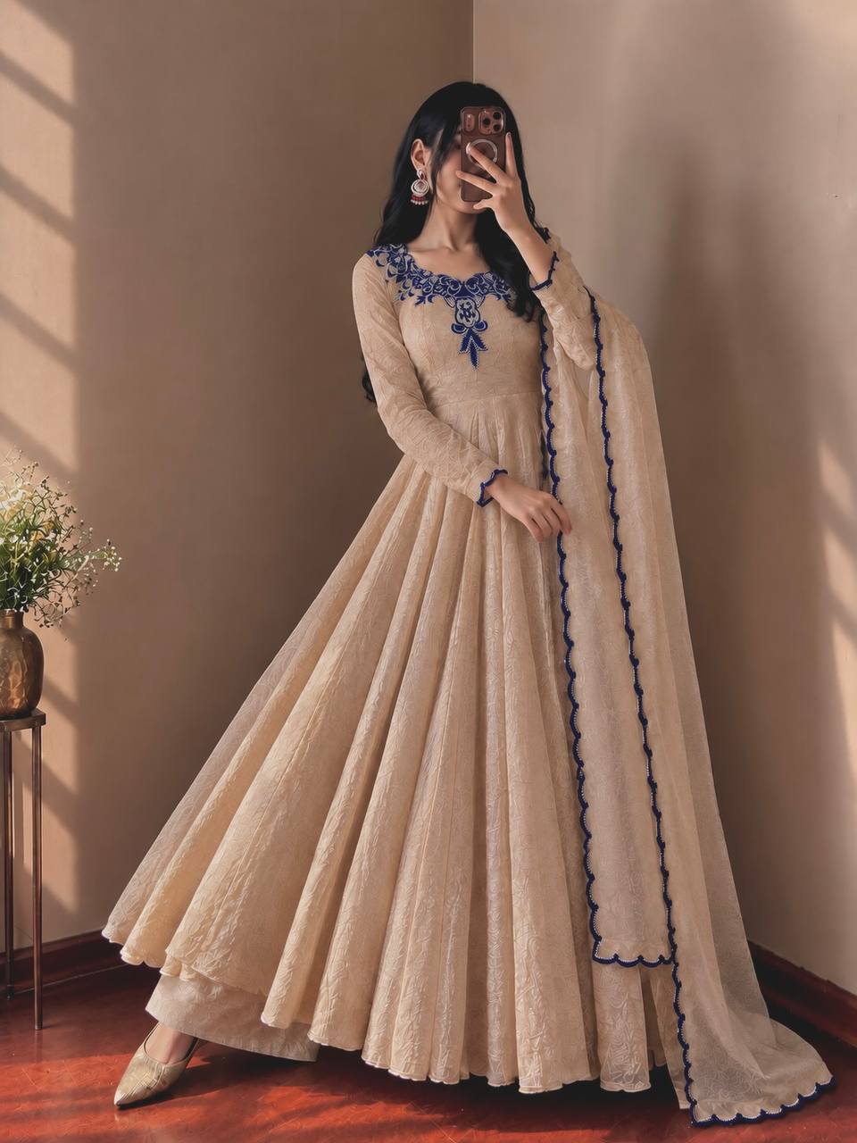 Ruhani Doremon Crush Designer Embroidery Thread Work Gown Set With 7 Meter Flair & Net Dupatta