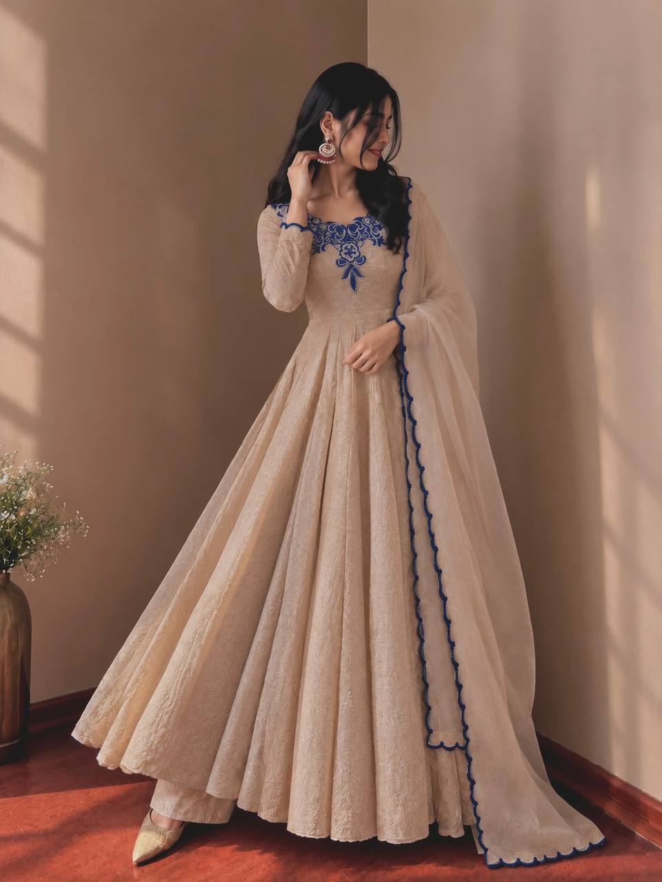 Ruhani Doremon Crush Designer Embroidery Thread Work Gown Set With 7 Meter Flair & Net Dupatta