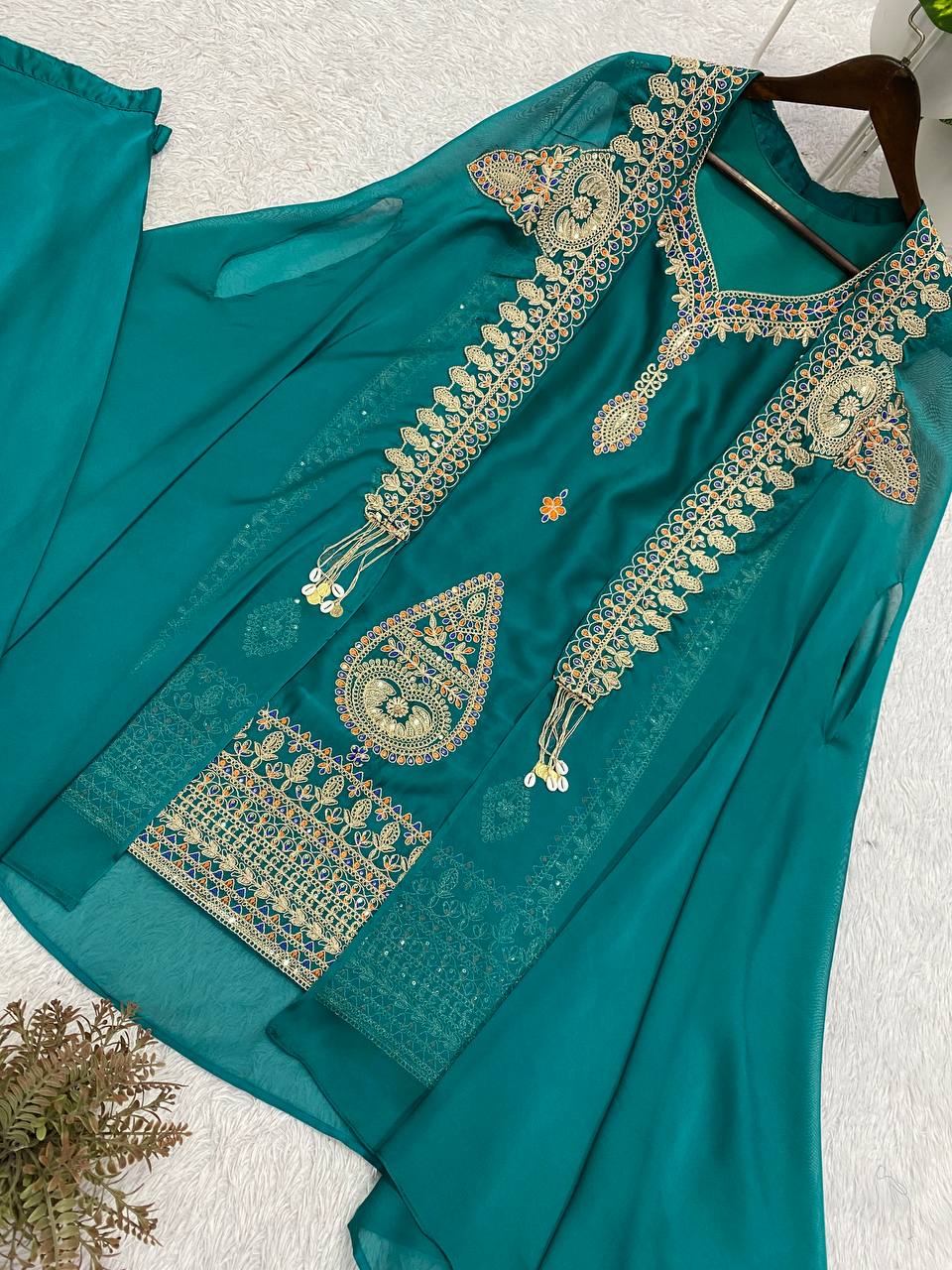 Rangoli Palazzo Set with Embroidered Shrug & Cording Sequence Work