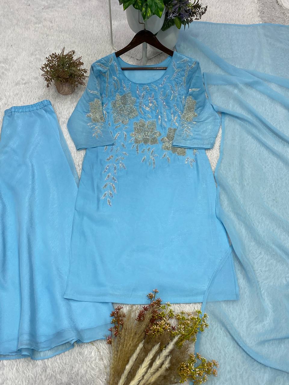 Crunchy Silk Palazzo Suit with Beads & Embroidery Work