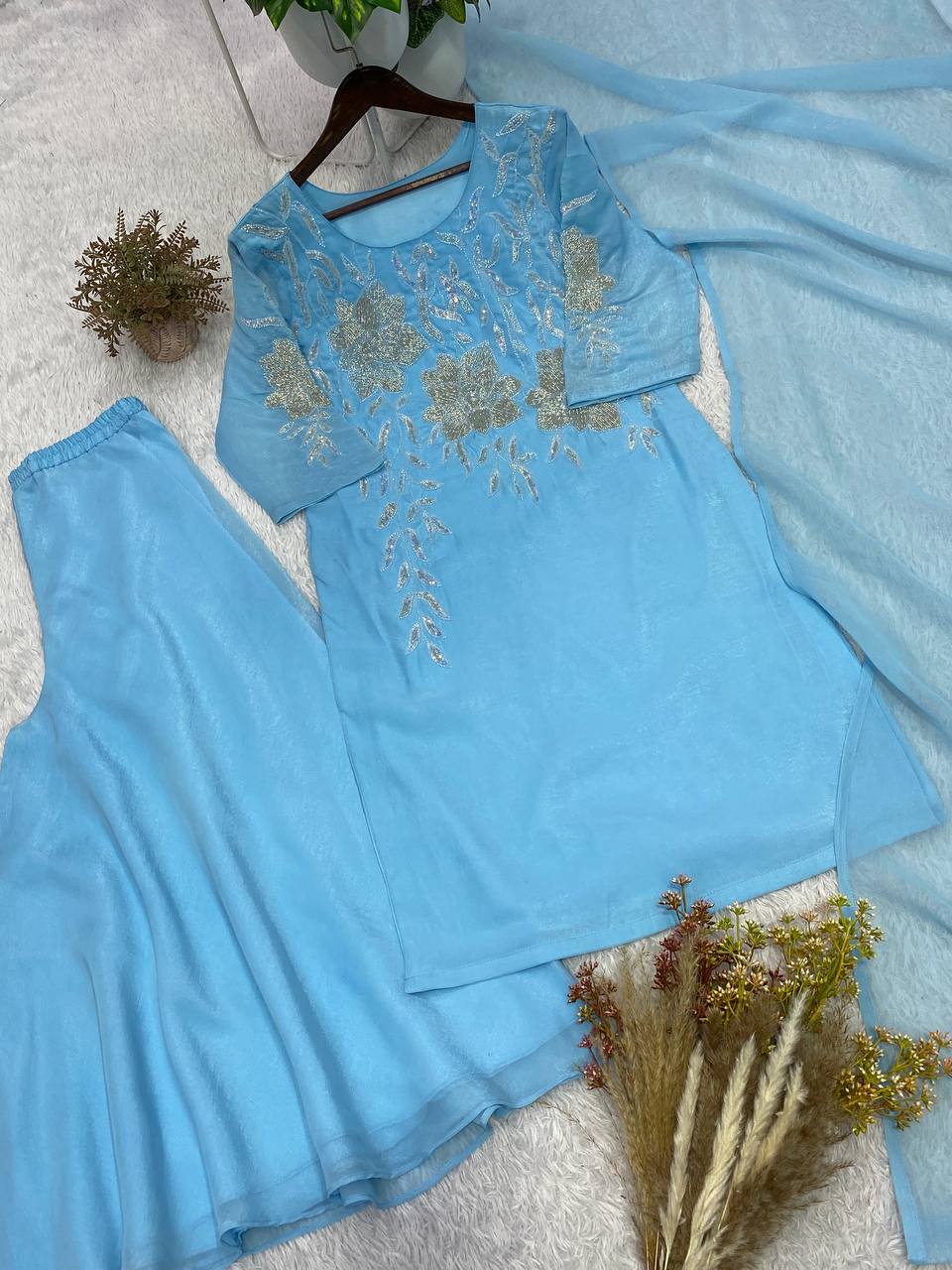 Crunchy Silk Palazzo Suit with Beads & Embroidery Work