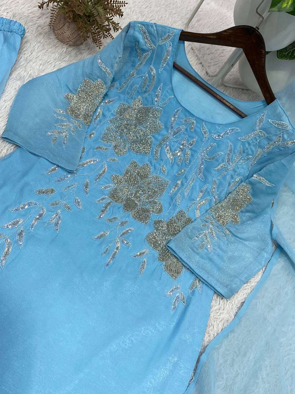 Crunchy Silk Palazzo Suit with Beads & Embroidery Work