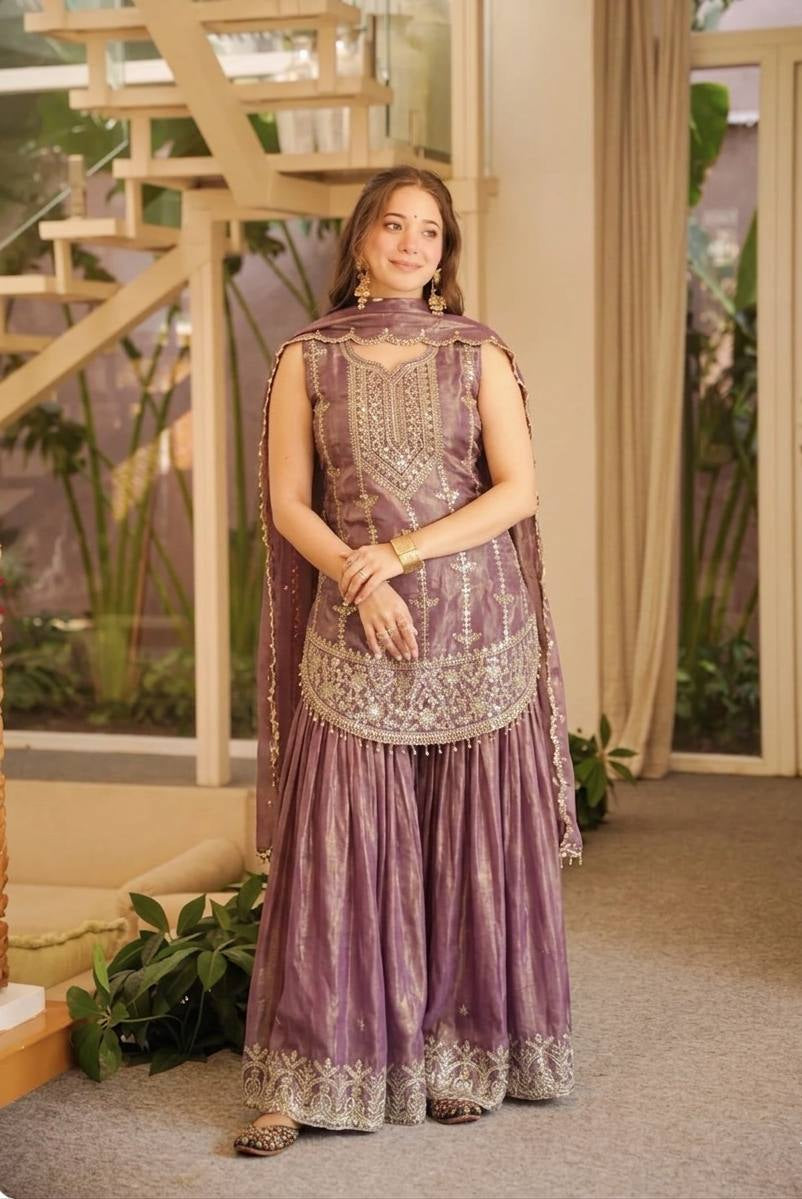 Nayantara Elisse Heavy Fendy Silk 5MM Sequence Embroidered Sharara Suit Set with Dupatta