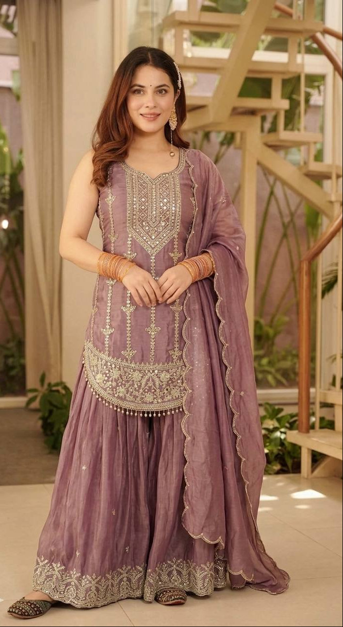 Nayantara Elisse Heavy Fendy Silk 5MM Sequence Embroidered Sharara Suit Set with Dupatta