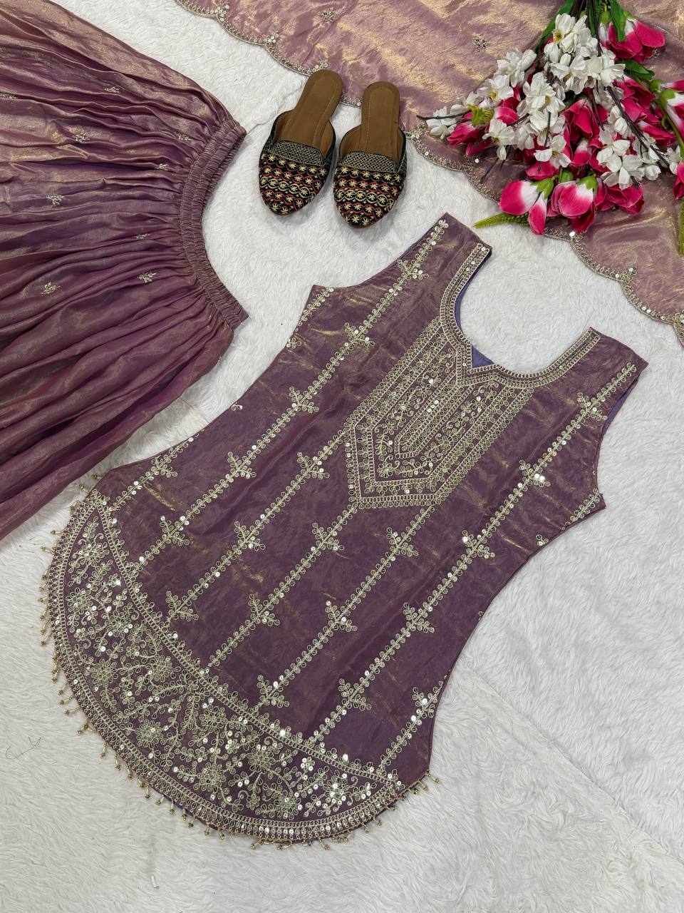 Nayantara Elisse Heavy Fendy Silk 5MM Sequence Embroidered Sharara Suit Set with Dupatta