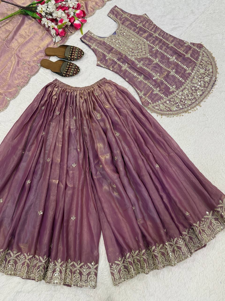 Nayantara Elisse Heavy Fendy Silk 5MM Sequence Embroidered Sharara Suit Set with Dupatta