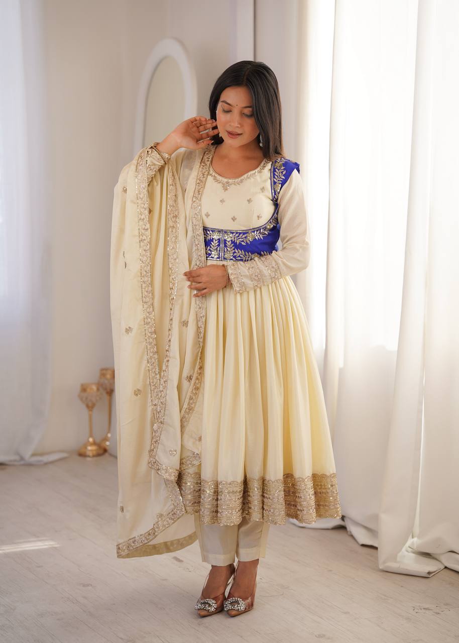 Elegant Thread Work Anarkali Dress with Embroidered Dupatta