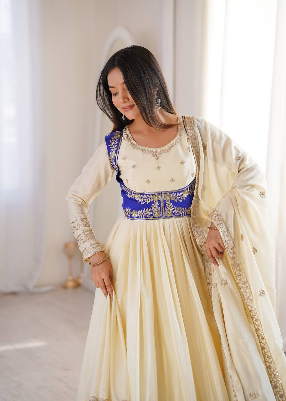 Elegant Thread Work Anarkali Dress with Embroidered Dupatta