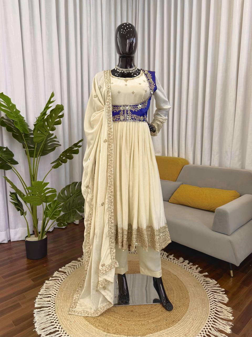 Elegant Thread Work Anarkali Dress with Embroidered Dupatta
