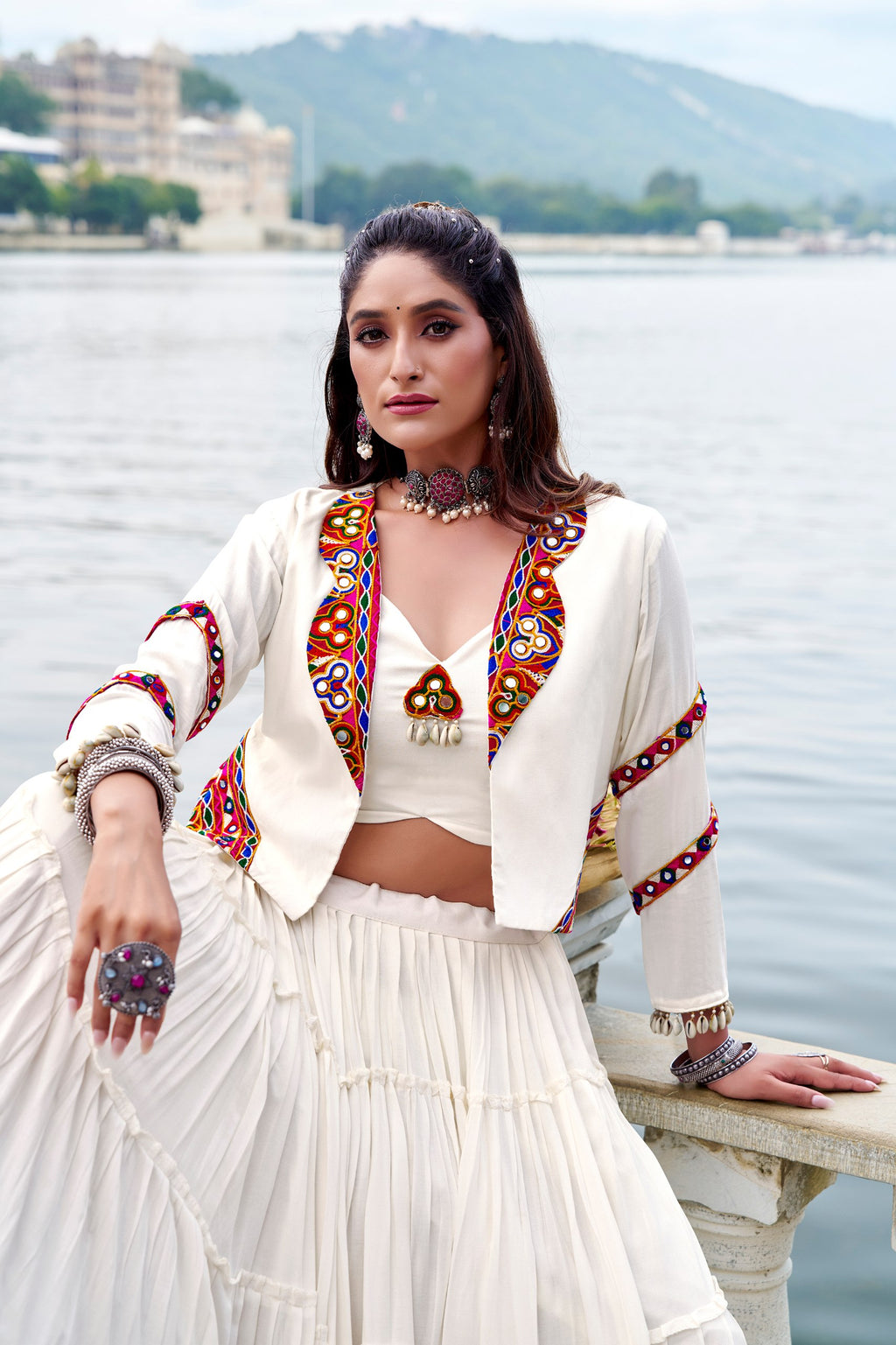 Rajudi Pure Rayon Gamthi Work Navratri Lehenga with Blouse & Jacket Set