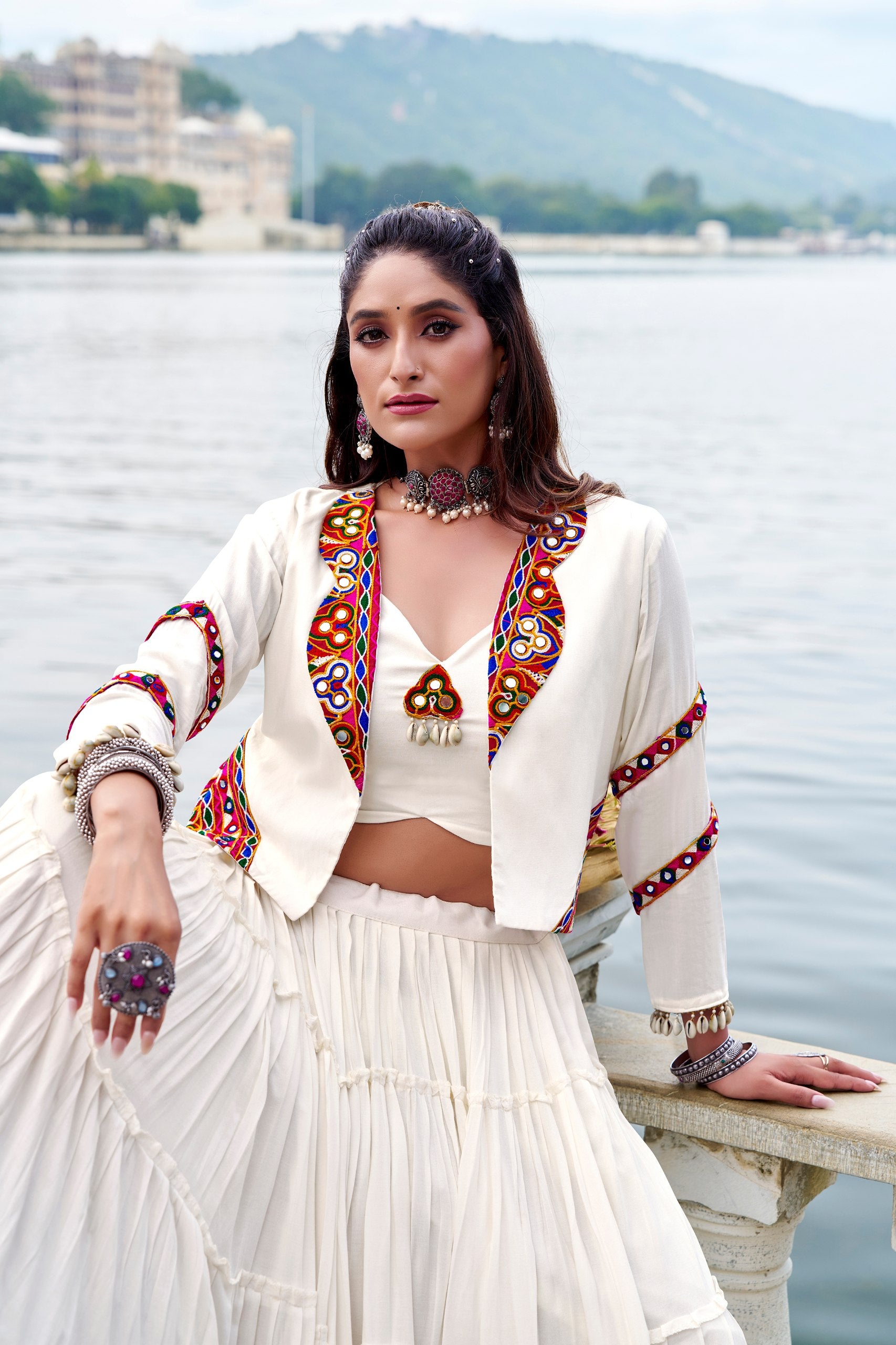 Rajudi Pure Rayon Gamthi Work Navratri Lehenga with Blouse & Jacket Set