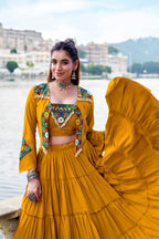 Rajudi Pure Rayon Gamthi Work Navratri Lehenga with Blouse & Jacket Set