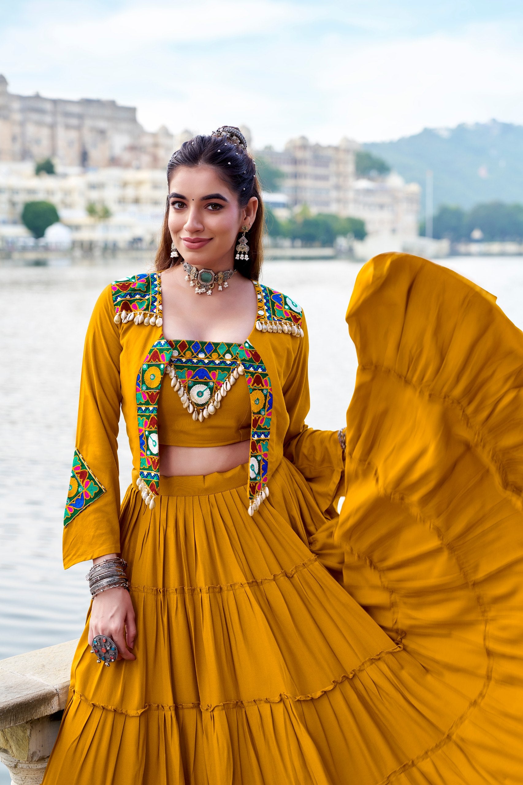 Rajudi Pure Rayon Gamthi Work Navratri Lehenga with Blouse & Jacket Set