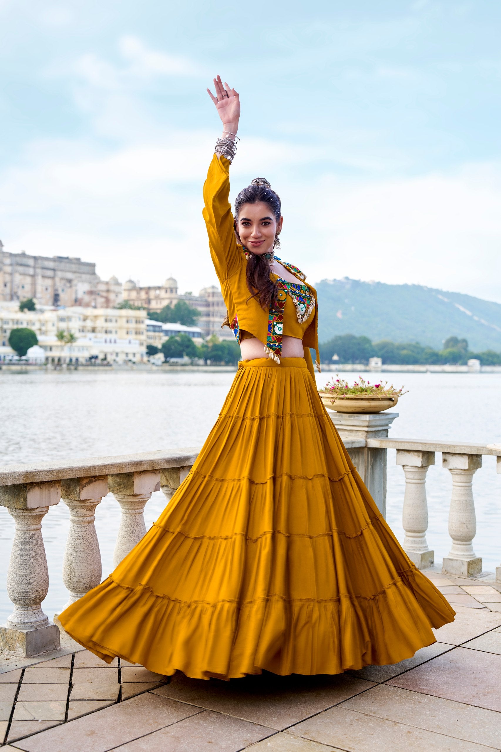 Rajudi Pure Rayon Gamthi Work Navratri Lehenga with Blouse & Jacket Set