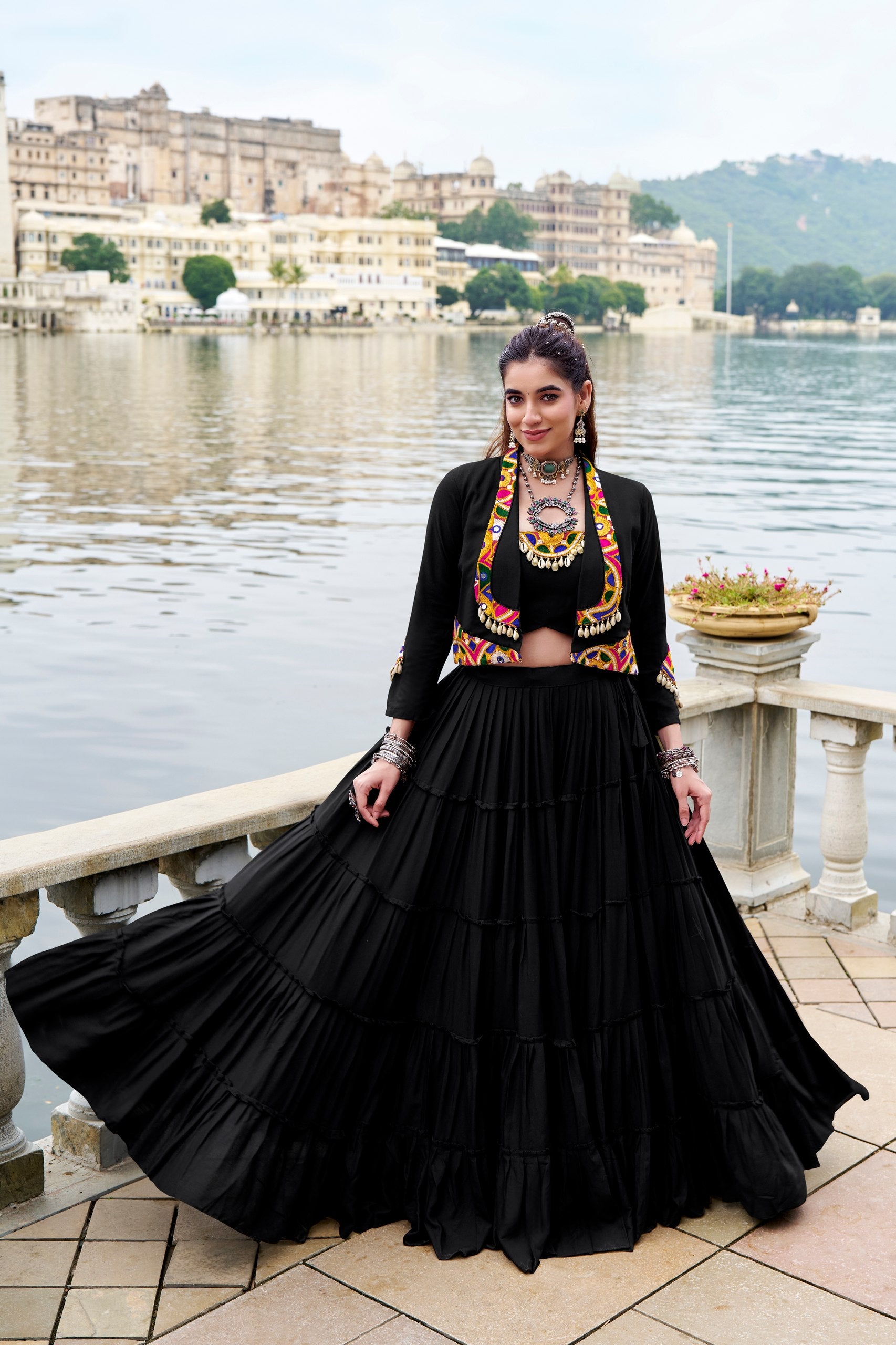 Rajudi Pure Rayon Gamthi Work Navratri Lehenga with Blouse & Jacket Set