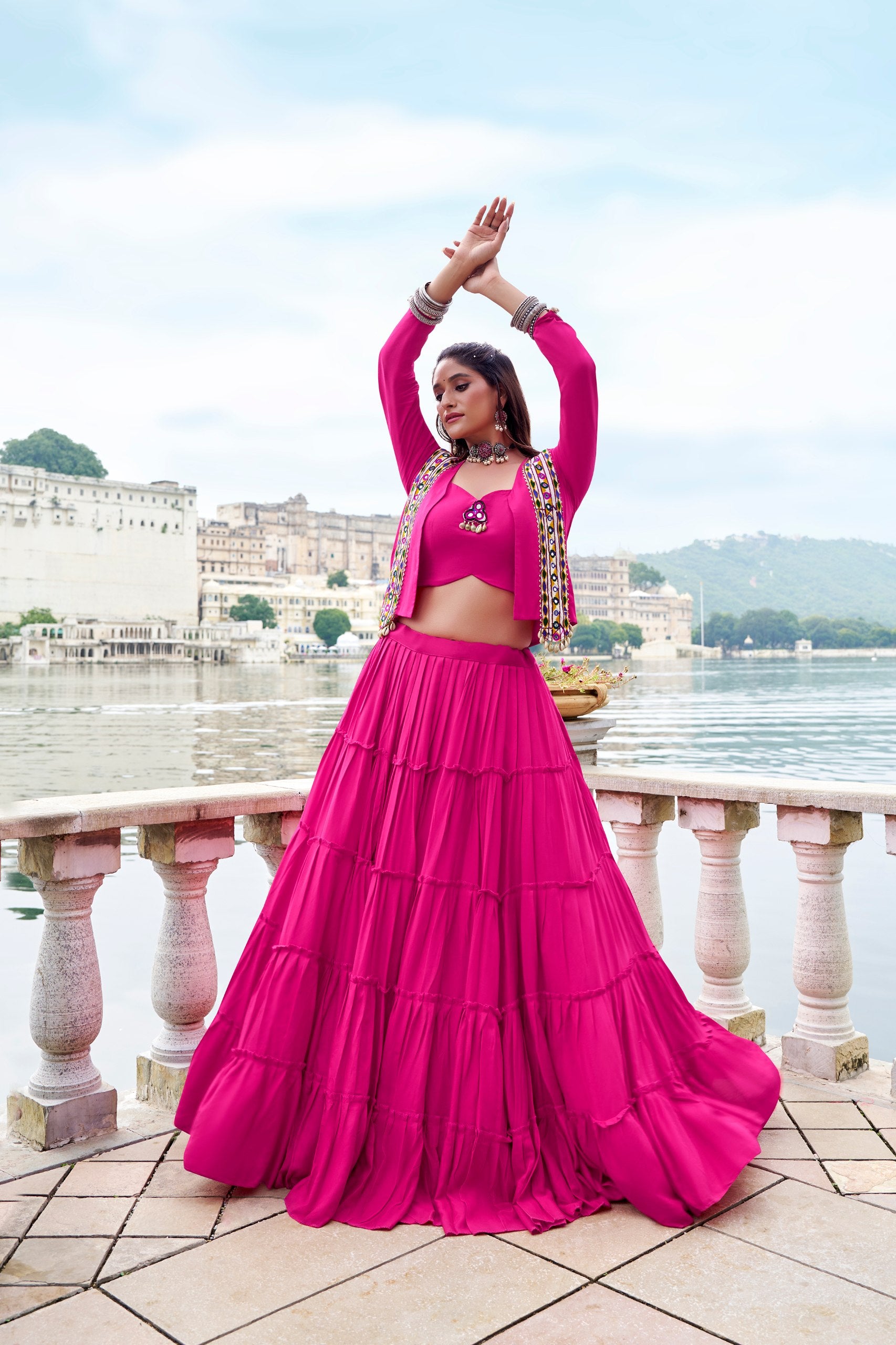 Rajudi Pure Rayon Gamthi Work Navratri Lehenga with Blouse & Jacket Set