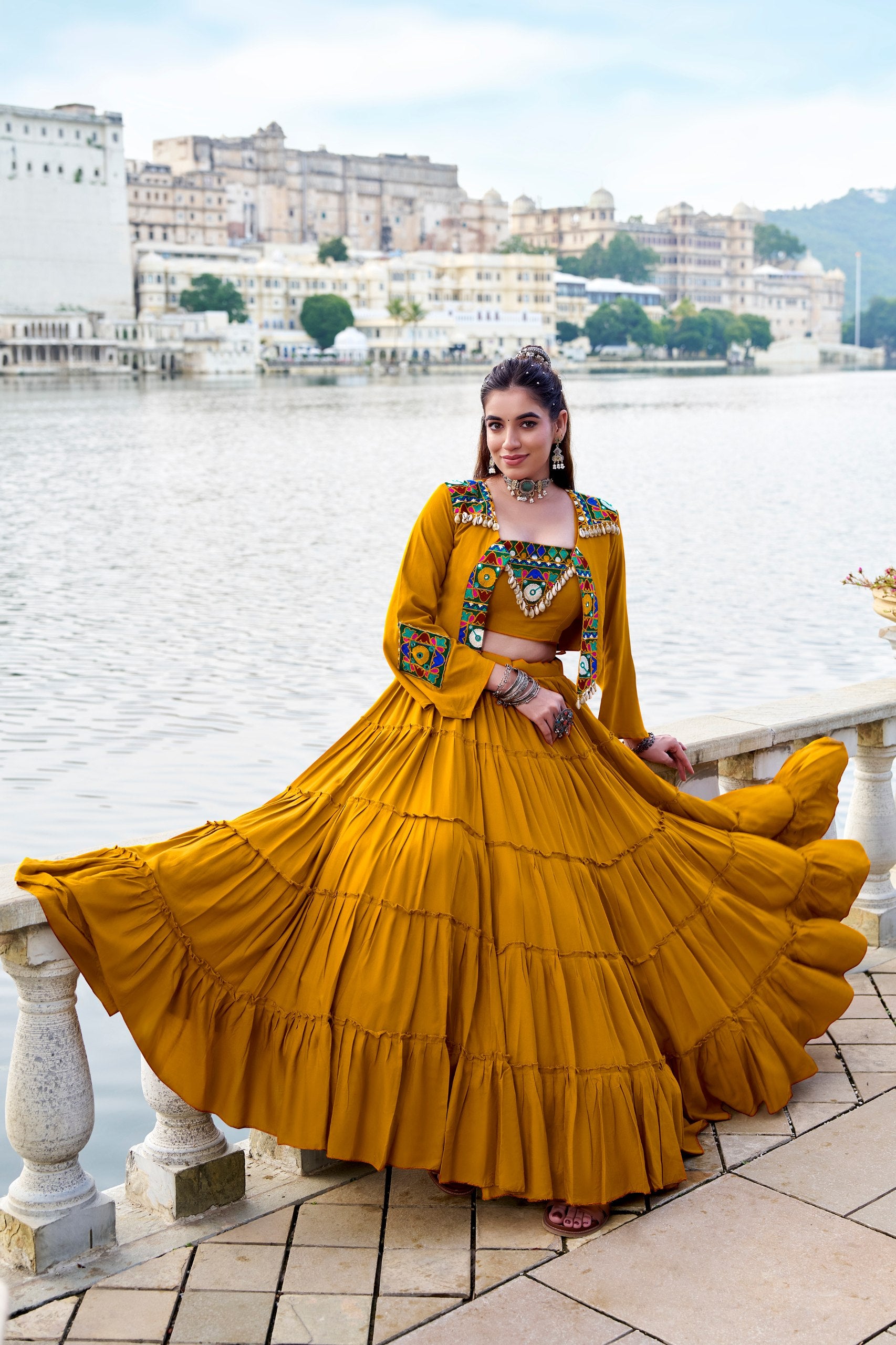 Rajudi Pure Rayon Gamthi Work Navratri Lehenga with Blouse & Jacket Set