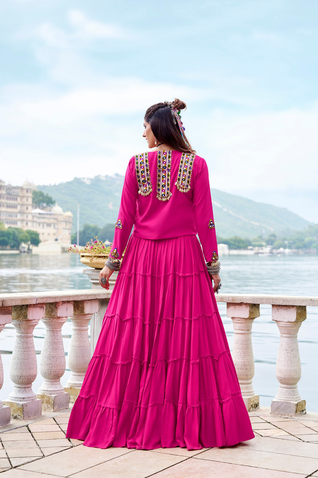 Rajudi Pure Rayon Gamthi Work Navratri Lehenga with Blouse & Jacket Set