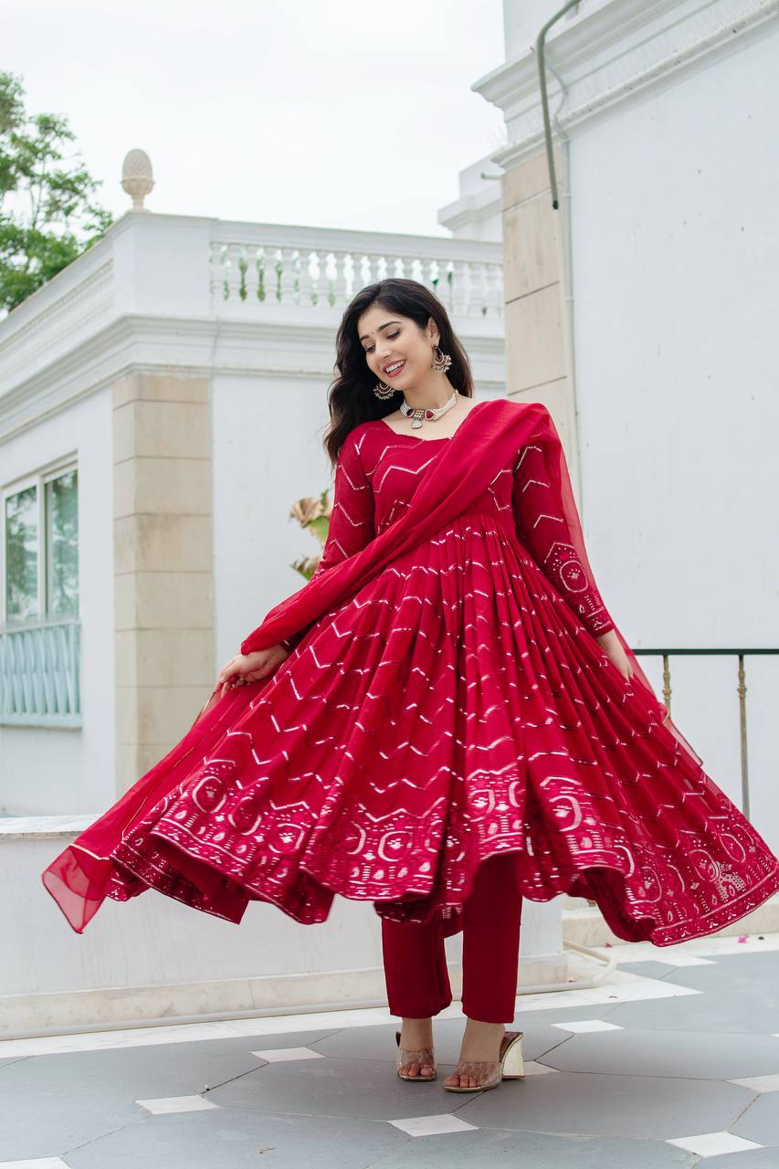Zareen Maroon Faux Georgette Embroidered Anarkali Suit with Lace Border Dupatta