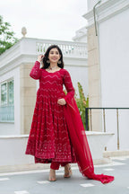Zareen Maroon Faux Georgette Embroidered Anarkali Suit with Lace Border Dupatta