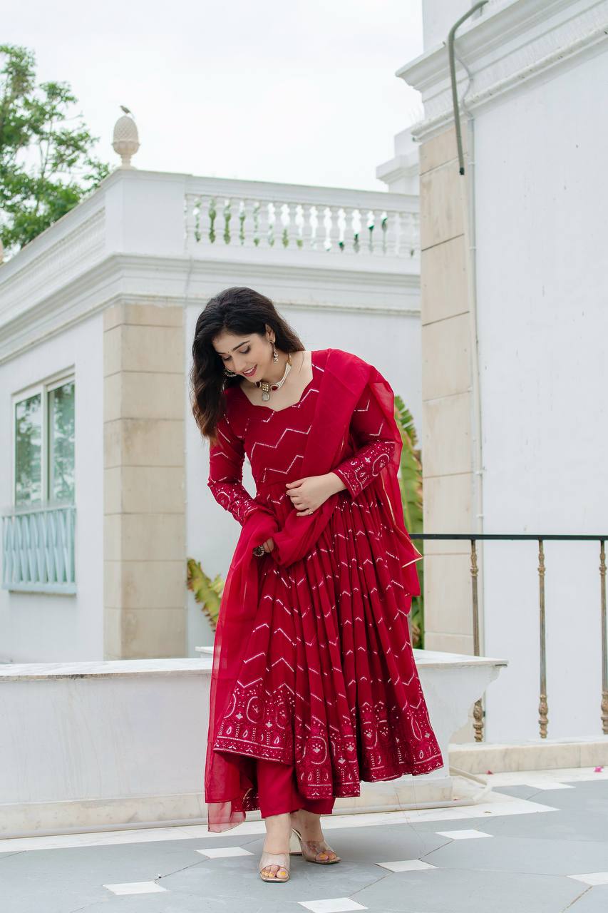 Zareen Maroon Faux Georgette Embroidered Anarkali Suit with Lace Border Dupatta