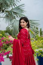 Zareen Maroon Faux Georgette Embroidered Anarkali Suit with Lace Border Dupatta
