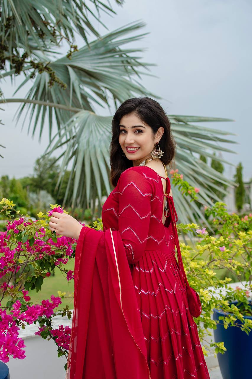 Zareen Maroon Faux Georgette Embroidered Anarkali Suit with Lace Border Dupatta