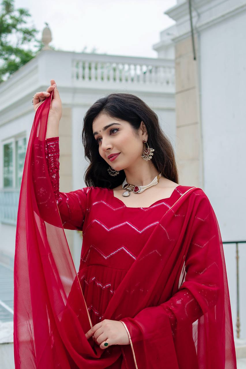 Zareen Maroon Faux Georgette Embroidered Anarkali Suit with Lace Border Dupatta
