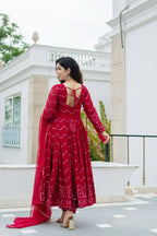 Zareen Maroon Faux Georgette Embroidered Anarkali Suit with Lace Border Dupatta
